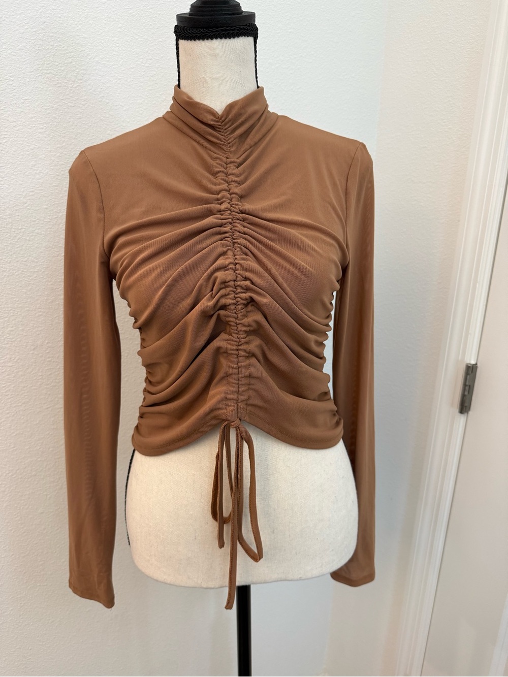 Ruched Long-Sleeve Mock Neck Top in Camel